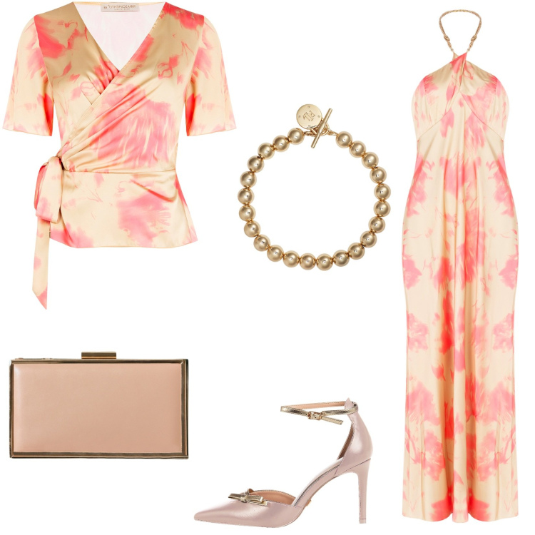 Outfit donna - Cena al tramonto in riva al mare. Stile Chic per Serata fuori. Abbinamento con décolleté, pochette, vestiti lunghi, bluse, braccialetti.