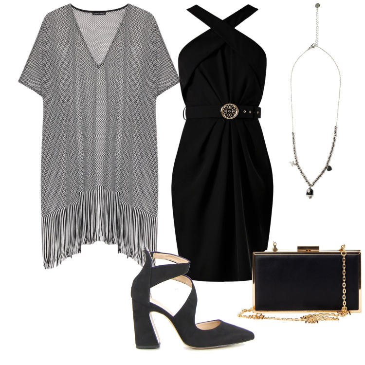 Outfit donna - Caftano elegante per le sere d\'agosto. Stile Chic per Serata fuori. Abbinamento con pochette, vestiti a tubino, ciondoli, caftani, sandali in pelle.