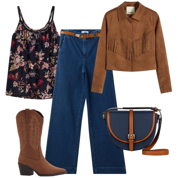 Outfit donna - Stile texano. Stile Casual per Tutti i giorni. Abbinamento con top, blazer, stivali, jeans, borse a tracolla.
