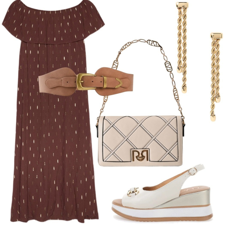 Outfit donna - Cena fuori. Stile Chic per Serata fuori. Abbinamento con cinture, borse a tracolla, orecchini, vestiti lunghi, sandali in pelle.