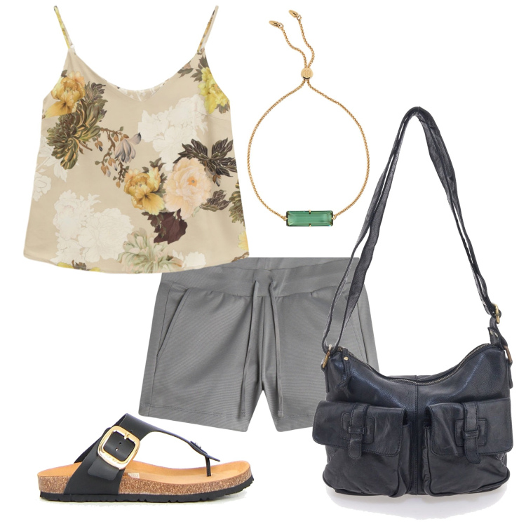 Outfit donna - In estate. Stile Trendy per Tutti i giorni. Abbinamento con top, shorts, braccialetti, borse a tracolla, infradito.