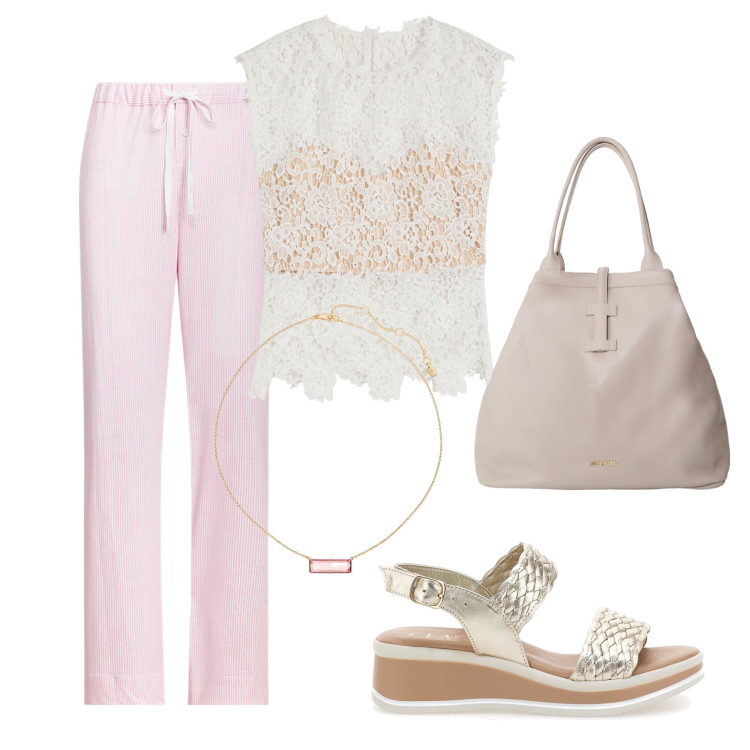 Outfit donna - Dai colori delicati. Stile Romantica per Tutti i giorni. Abbinamento con top, borse tote, pantaloni, collane, sandali.