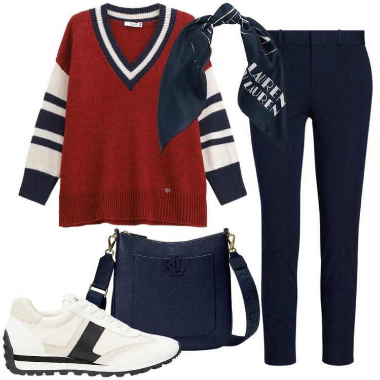Outfit donna - Passeggiata al mare. Stile Casual chic per Tutti i giorni. Abbinamento con maglieria, borse a tracolla, sneakers, foulard, pantaloni.