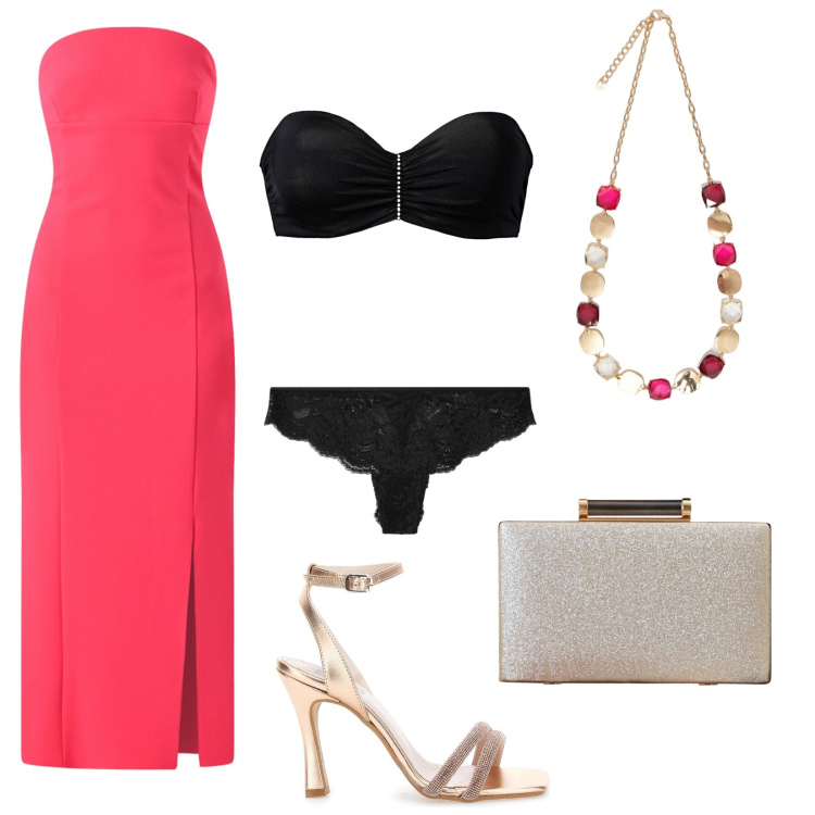 Outfit donna - Cena al tramonto in riva al mare. Stile Chic per Serata fuori. Abbinamento con reggiseni, culotte, clutch, vestiti midi/longuette, sandali col tacco, collane.
