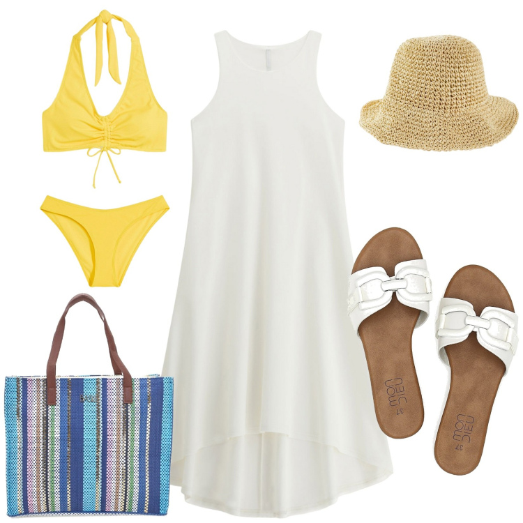 Outfit donna - Ferragosto al mare. Stile Casual chic per Mare. Abbinamento con bikini, cappelli, vestiti midi/longuette, ciabatte, shopping bag.