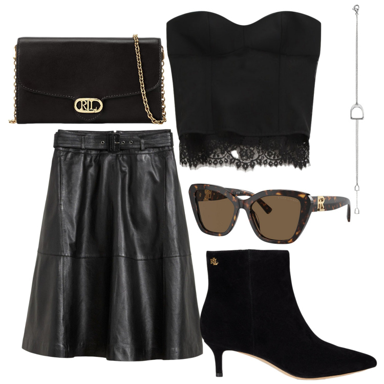 Outfit donna - Stasera rock. Stile Rock per Serata fuori. Abbinamento con gonne, top, stivaletti, borse a tracolla, braccialetti, occhiali da sole.