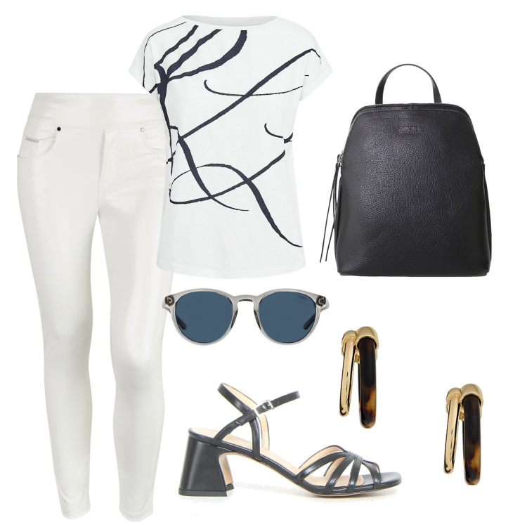 Outfit donna - Oggi shopping. Stile Casual per Tutti i giorni. Abbinamento con zaini, pantaloni skinny, maglieria, orecchini, occhiali da sole, sandali col tacco.