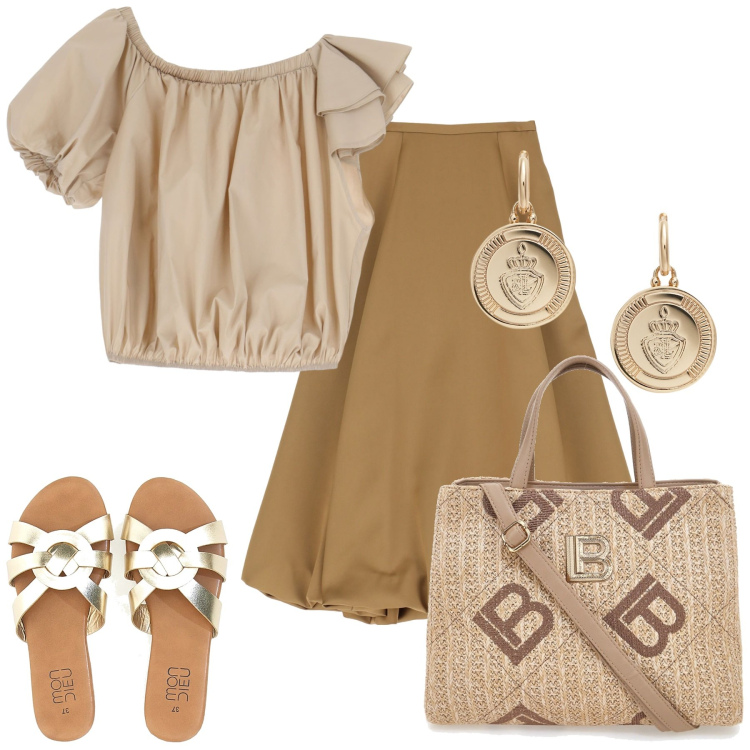 Outfit donna - Caldo dorato. Stile Bon Ton per Tutti i giorni. Abbinamento con gonne longuette, top, orecchini, ciabatte, borse a tracolla.
