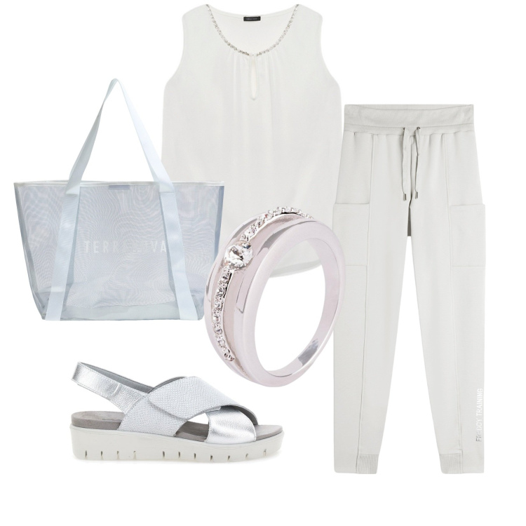 Outfit donna - Total look #2227247. Stile Casual per Tutti i giorni. Abbinamento con anelli, shopping bag, pantaloni, top, sandali in pelle.