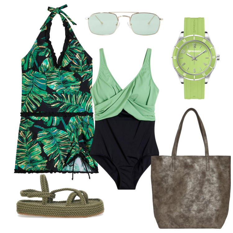 Outfit donna - Al mare 17. Stile Minimal per Mare. Abbinamento con vestiti da spiaggia, costumi interi, borse tote, occhiali da sole, orologi, sandali.