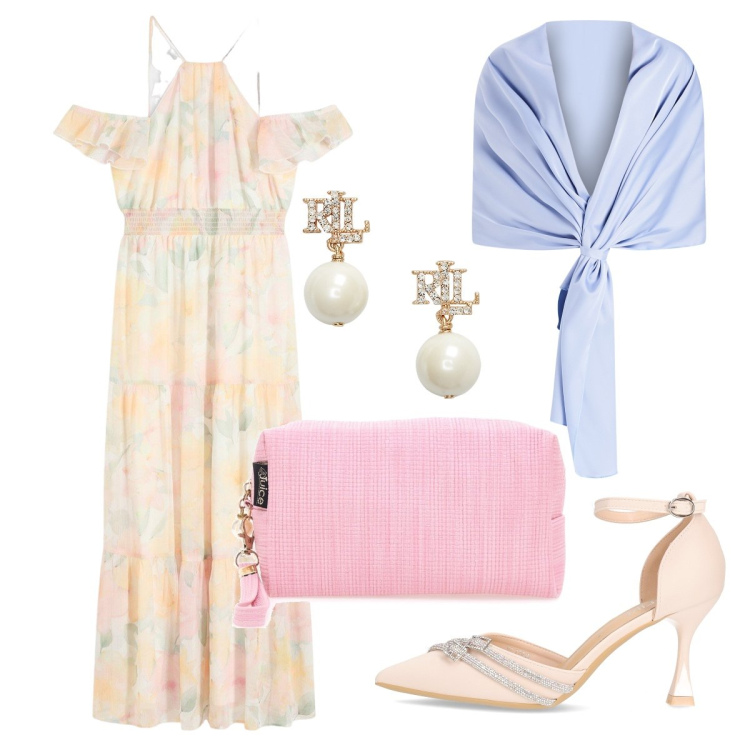 Outfit donna - L’abito da damigella. Stile Chic per Cerimonia. Abbinamento con vestiti lunghi, stole, orecchini, décolleté, valigie.