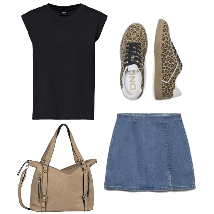 Outfit femme - Tennis Léopard. Style Tendance pour Tous les jours. Assortir avec t-shirts, sneakers, minijupes, sac cabas.