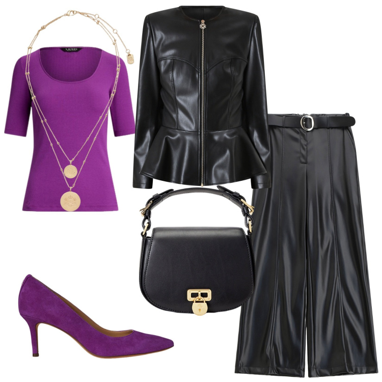 Outfit donna - Total look #2227258. Stile Casual chic per Serata fuori. Abbinamento con giacche, pantaloni, ciondoli, borse a tracolla, décolleté, t-shirt.