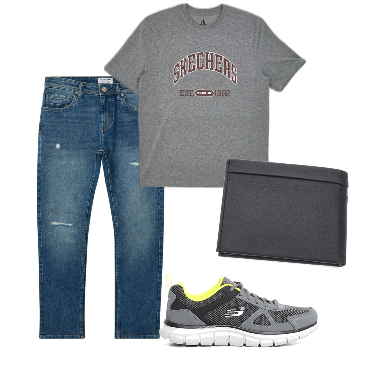 Outfit uomo - Con i jeans. Stile Urban per Tutti i giorni. Abbinamento con jeans strappati, portafogli, t-shirt, sneakers.