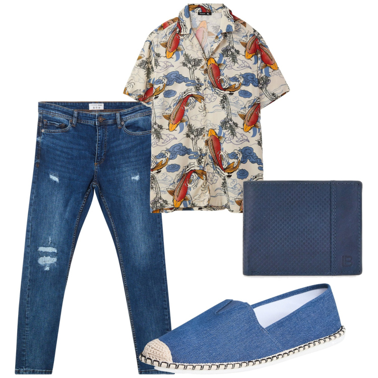Outfit uomo - Aperitivo in estate. Stile Trendy per Tutti i giorni. Abbinamento con espadrillas, camicie a manica corta, jeans strappati, portafogli.