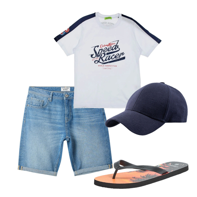 Outfit uomo - Con praticità. Stile Casual per Tutti i giorni. Abbinamento con sandali, bermuda, t-shirt, cappelli con visiera.