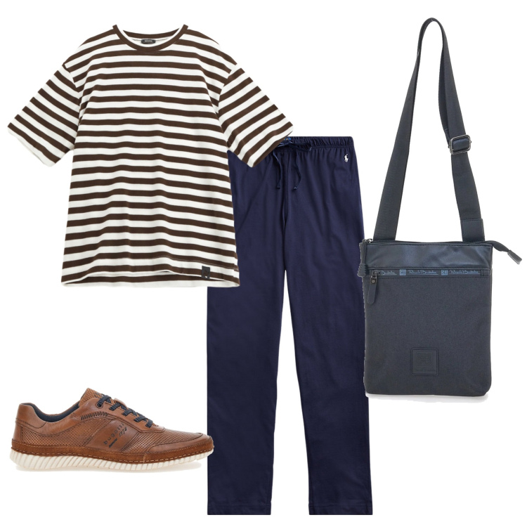 Outfit uomo - La maglietta a righe. Stile Casual per Tutti i giorni. Abbinamento con t-shirt, pantaloni, scarpe stringate, portafogli.