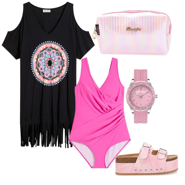 Outfit donna - Al mare 20. Stile Minimal per Mare. Abbinamento con vestiti da spiaggia, costumi interi, orologi, ciabatte, valigie.
