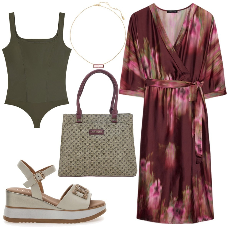Outfit donna - In ufficio a settembre. Stile Bon Ton per Ufficio. Abbinamento con body, collane, sandali in pelle, vestiti midi/longuette, borse a spalla.