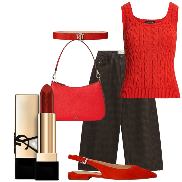 Outfit donna - Red. Stile Casual per Tutti i giorni. Abbinamento con rossetti, pantaloni, maglieria, borse a spalla, cinture, ballerine.