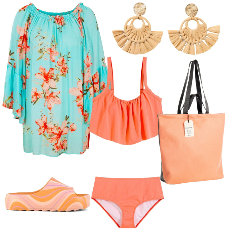 Outfit donna - Al mare 18. Stile Minimal per Mare. Abbinamento con bikini, vestiti da spiaggia, orecchini, borse tote, ciabatte.