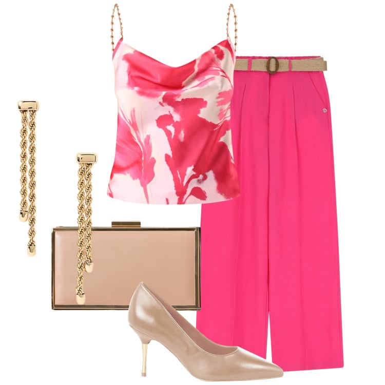 Outfit donna - Abbinamento particolare: fucsia e beige. Stile Glamour per Serata fuori. Abbinamento con décolleté, pochette, canottiere, pantaloni, orecchini.
