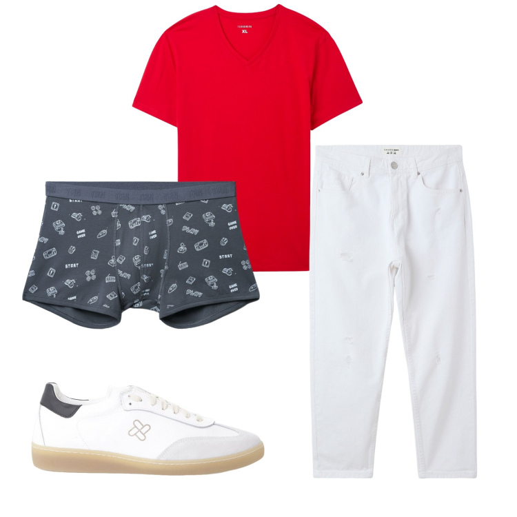 Outfit uomo - Total look #2227277. Stile Casual per Serata speciale. Abbinamento con jeans strappati, boxer, t-shirt, sneakers.