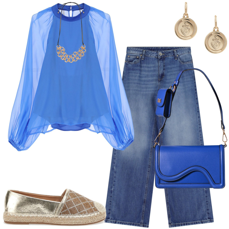 Outfit donna - Casual chic. Stile Casual chic per Serata fuori. Abbinamento con pochette, jeans, camicie, orecchini, collane, espadrillas.