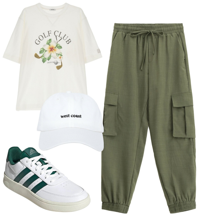 Outfit uomo - Agosto. Stile Casual per Tutti i giorni. Abbinamento con cappelli, t-shirt, pantaloni cargo, sneakers.