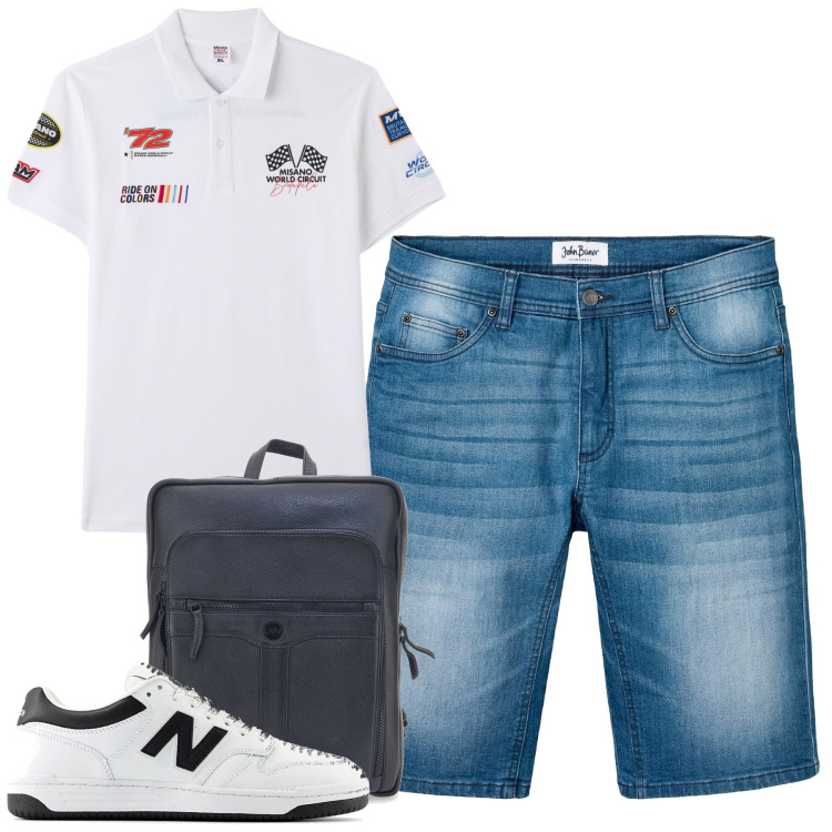 Outfit uomo - City. Stile Casual per Tutti i giorni. Abbinamento con bermuda, polo, borse sportive, sneakers.