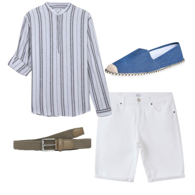 Outfit uomo - Corean city. Stile Casual per Tutti i giorni. Abbinamento con espadrillas, bermuda, camicie, cinture.