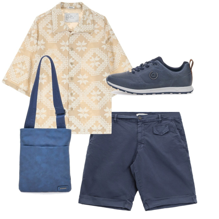 Outfit uomo - City. Stile Casual per Tutti i giorni. Abbinamento con camicie a manica corta, bermuda, sneakers, portafogli.