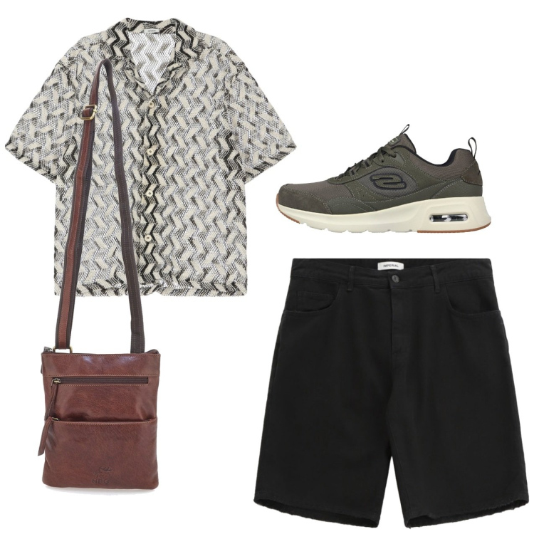 Outfit uomo - City. Stile Casual per Tutti i giorni. Abbinamento con bermuda, camicie a manica corta, sneakers, portafogli.