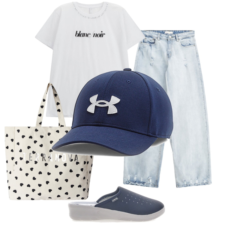 Outfit donna - Blanc noir and jeans. Stile Casual per Tutti i giorni. Abbinamento con borse tote, jeans, t-shirt, ciabatte, cappelli.