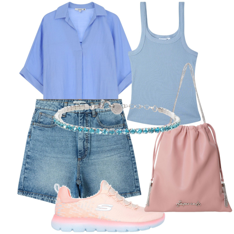 Outfit donna - Azzurro e rosa. Stile Casual chic per Tutti i giorni. Abbinamento con bermuda, canottiere, camicie a manica corta, borse a secchiello, braccialetti, sneakers.