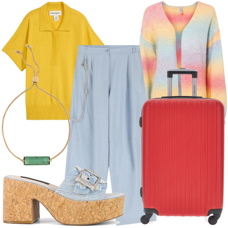 Outfit donna - Viaggio verso l arcobaleno. Stile Trendy per Tutti i giorni. Abbinamento con cardigans, t-shirt, pantaloni, braccialetti, sandali, valigie.