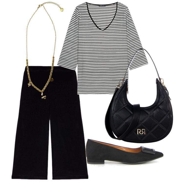 Outfit donna - Al supermercato. Stile Casual per Tutti i giorni. Abbinamento con borse a tracolla, ciondoli, pantaloni, t-shirt, ballerine.