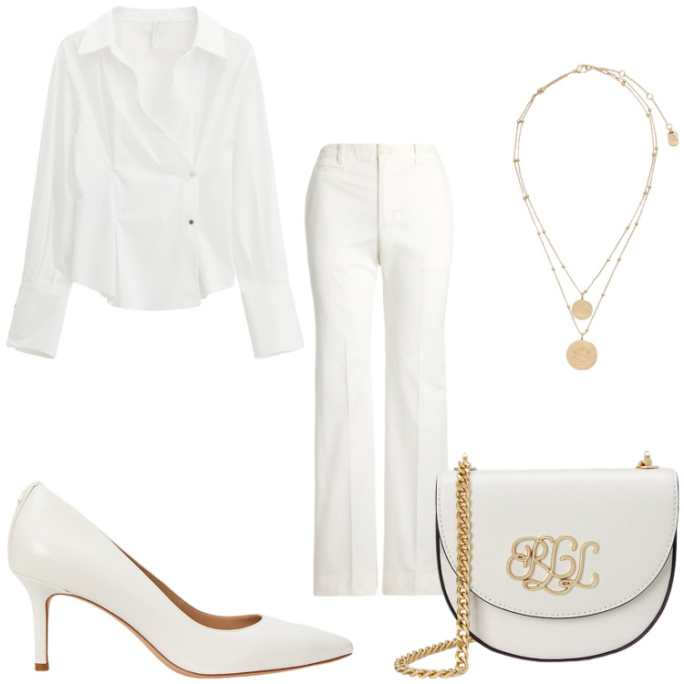 Outfit donna - In bianco. Stile Glamour per Tutti i giorni. Abbinamento con camicie, borse a tracolla, ciondoli, décolleté, pantaloni.