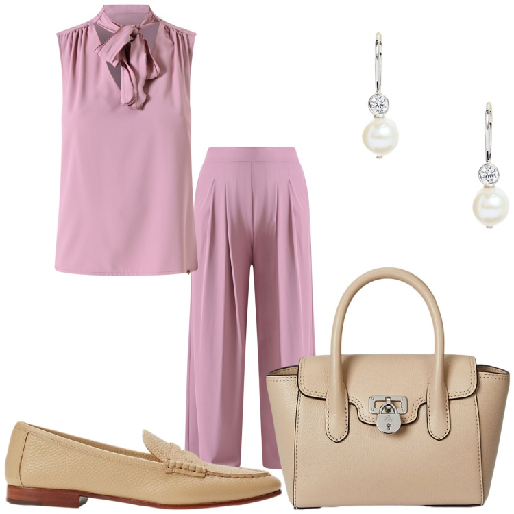 Outfit donna - Elegante anche senza tacchi. Stile Glamour per Tutti i giorni. Abbinamento con top, pantaloni a palazzo, borse a mano, mocassini, orecchini.