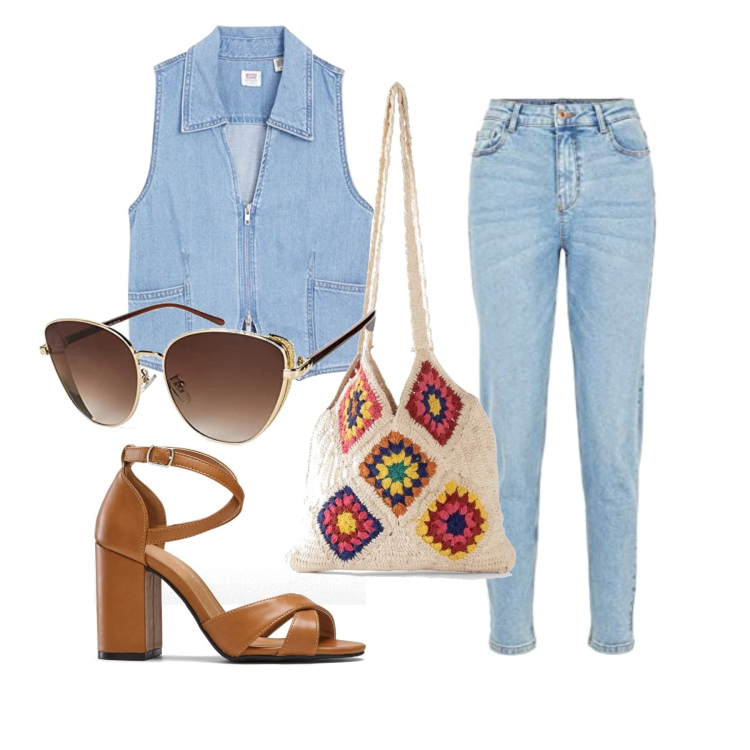 Outfit femme - Août. Style Casual chic pour Tous les jours. Assortir avec sac cabas, sandales à talon, débardeurs à bretelles, lunettes de soleil, jeans mom.
