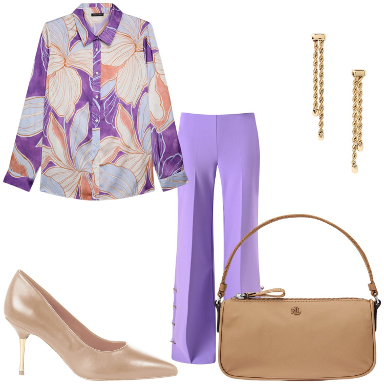Outfit donna - In ufficio. Stile Glamour per Ufficio. Abbinamento con décolleté, pantaloni a palazzo, orecchini, pochette, camicie.