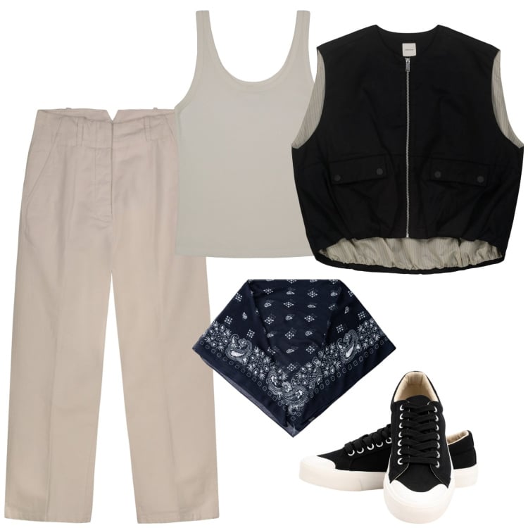 Outfit donna - Il foulard. Stile Casual per Tutti i giorni. Abbinamento con pantaloni, sneakers, gilet, foulard, canottiere.