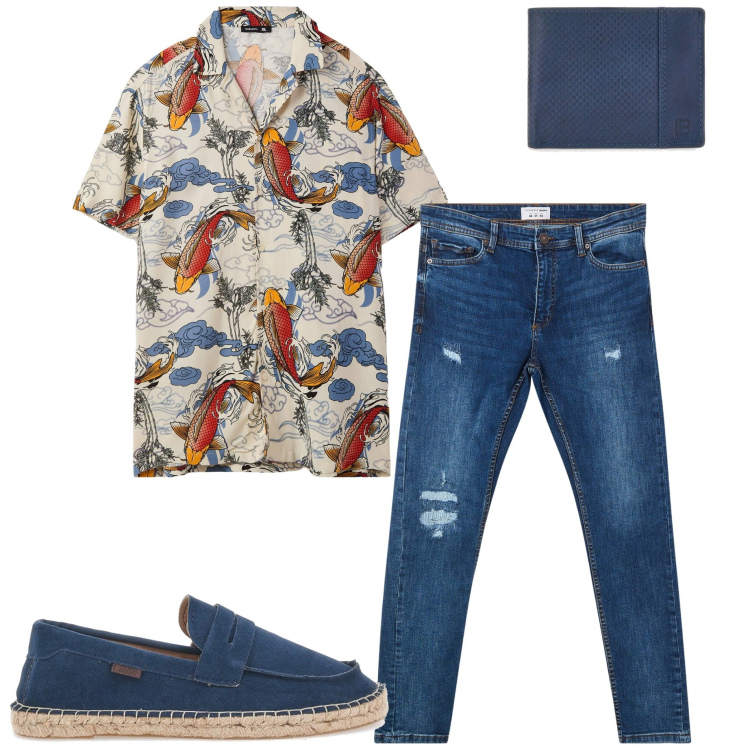 Outfit uomo - Serata con amici. Stile Casual per Serata speciale. Abbinamento con camicie a manica corta, jeans strappati, portafogli, espadrillas.