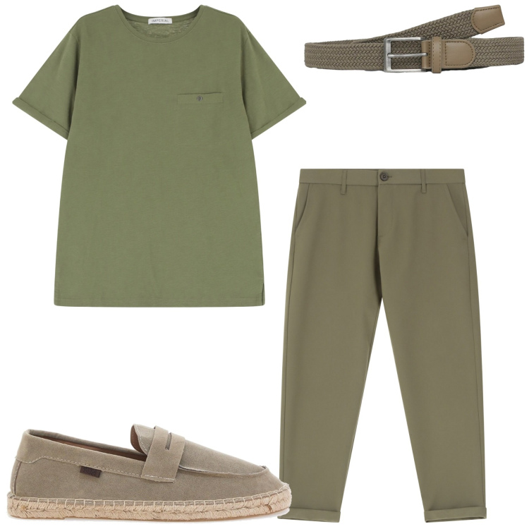 Outfit uomo - In ufficio. Stile Urban per Ufficio. Abbinamento con cinture, pantaloni chino, t-shirt, espadrillas.