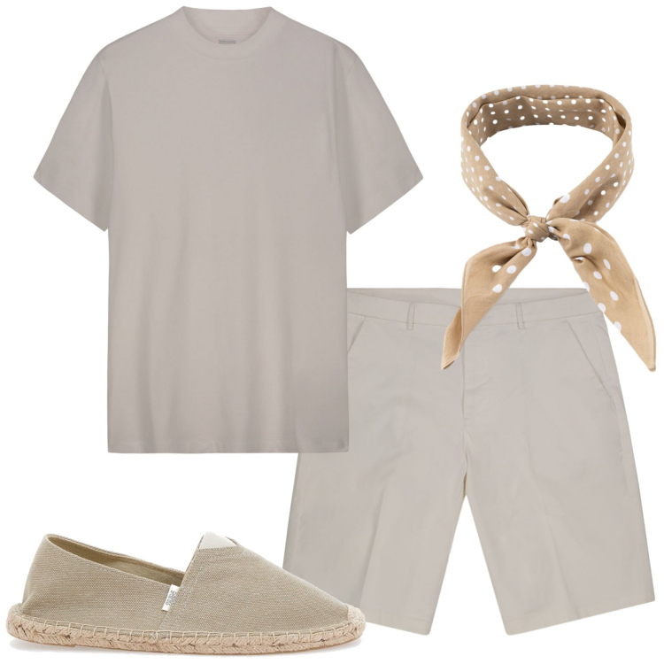 Outfit uomo - Color sabbia. Stile Urban per Tutti i giorni. Abbinamento con espadrillas, t-shirt, sciarpe e foulard, bermuda.