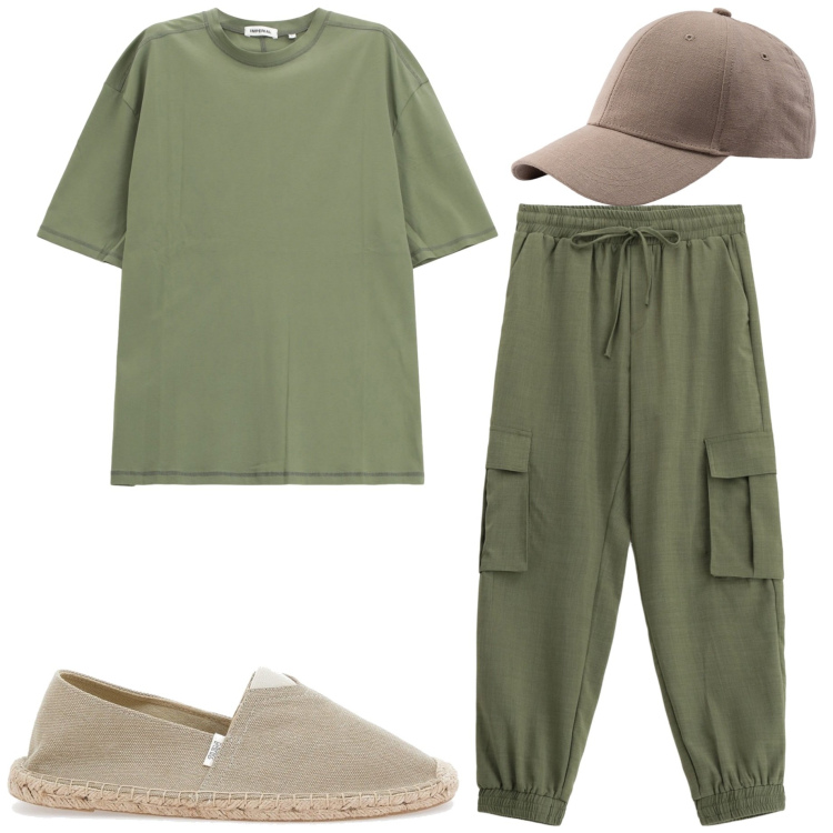 Outfit uomo - Pantaloni cargo. Stile Trendy per Tutti i giorni. Abbinamento con pantaloni cargo, t-shirt, espadrillas, cappelli con visiera.