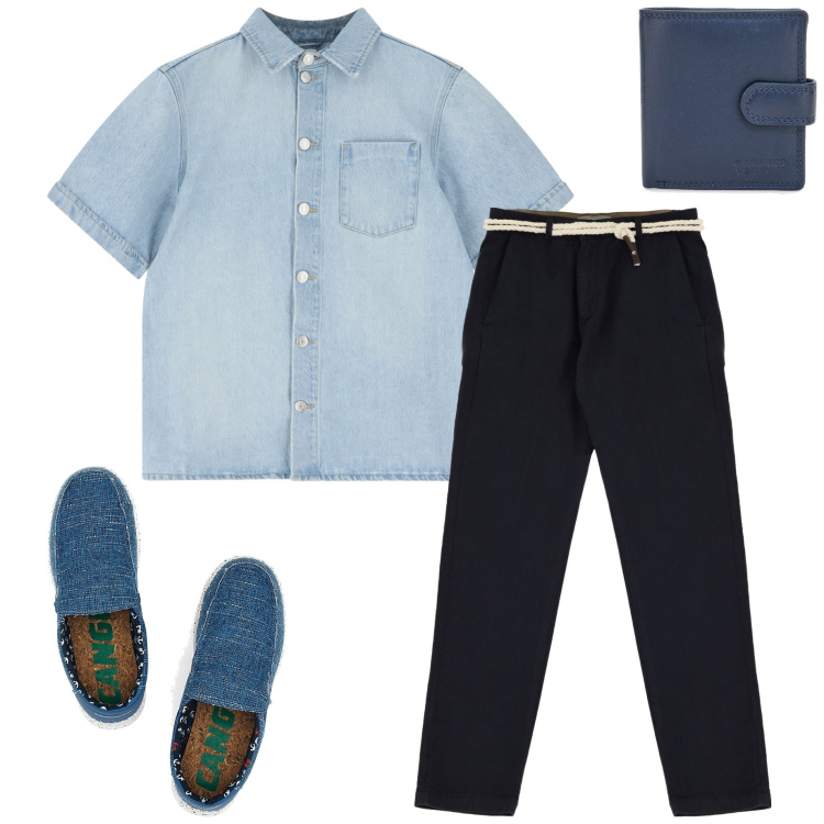 Outfit uomo - In città. Stile Casual per Tutti i giorni. Abbinamento con pantaloni chino, camicie a manica corta, portafogli, sneakers.