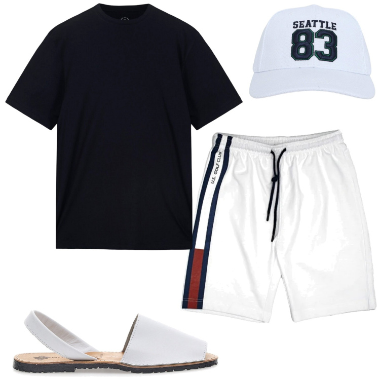 Outfit uomo - Vacanza a Mallorca. Stile Casual per Mare. Abbinamento con cappelli, sandali, pantaloni corti, t-shirt.