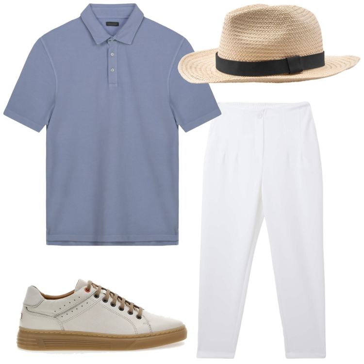 Outfit uomo - Sotto il sole. Stile Casual per Tutti i giorni. Abbinamento con pantaloni chino, scarpe stringate, cappelli, polo.