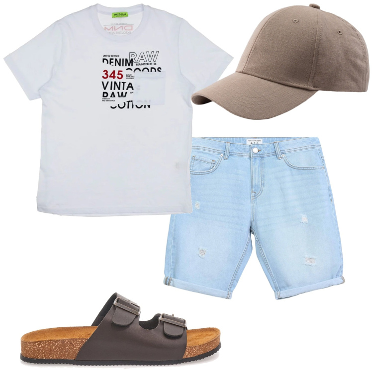 Outfit uomo - Stile vacanze. Stile Casual per Mare. Abbinamento con shorts, t-shirt, sandali, cappelli con visiera.
